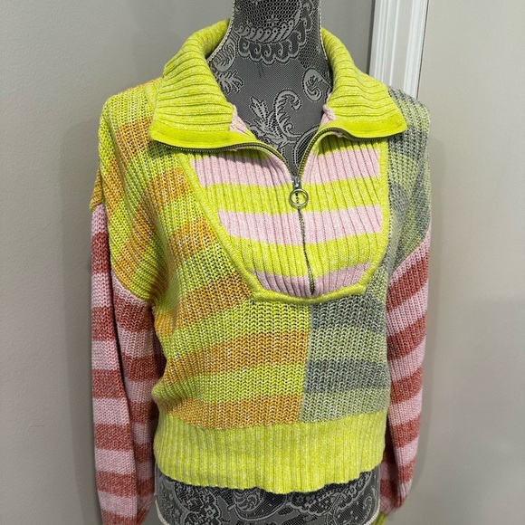Sincerely Jules Collared Quarter Zip Sweater Neon Striped Cropped Color Block XL - Picture 1 of 11